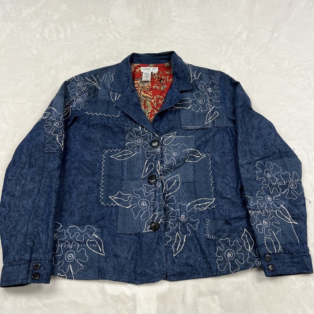 Coldwater Creek Jacket Womens L Blue Embroidered Patchwork Floral Paisley Lined